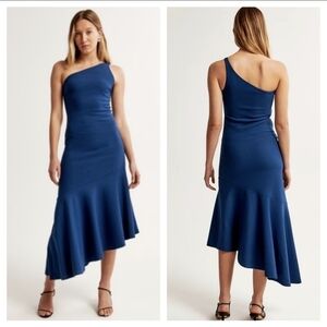 Abercrombie & Fitch One-Shoulder Asymmetrical Hem Midi Dress Dark Blue Small